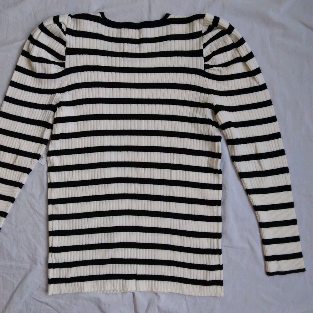 NWT Nine West Ribbed Puff Sleeve Sweater Ivory Black Stripes Long Sleeve XL - Picture 10 of 12